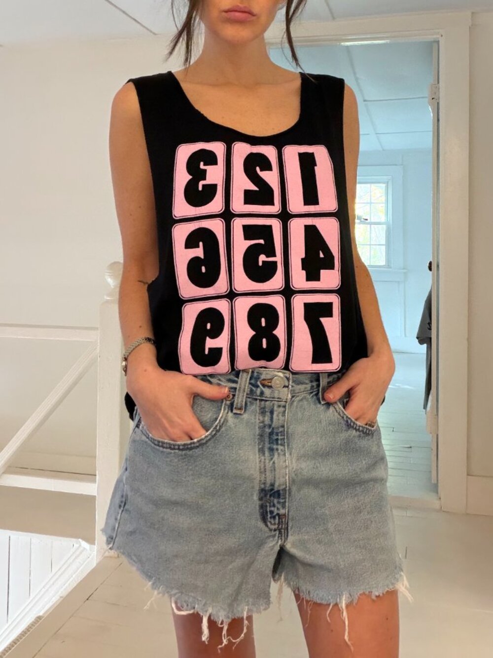 Wildfox Y2K Telephone Keypad Graphic Oversized Muscle Tank Black/Pink Size XS